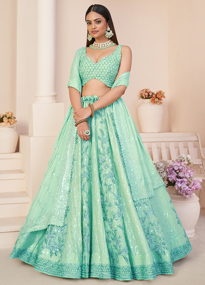 3 Pc Sea Green Georgette Semi Stitched Lehenga Set - Indian Silk House Agencies