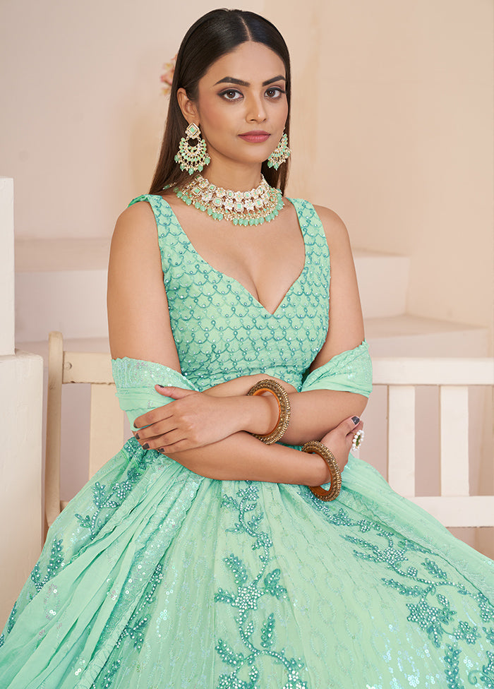 3 Pc Sea Green Georgette Semi Stitched Lehenga Set - Indian Silk House Agencies