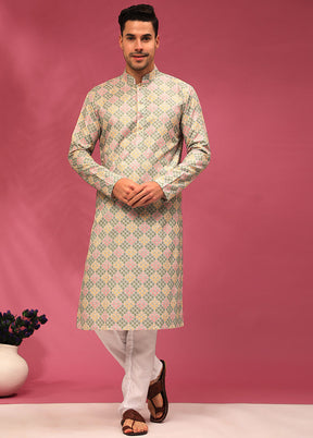 Multicolor Mandarin Collar Dupion Silk Kurta - Indian Silk House Agencies