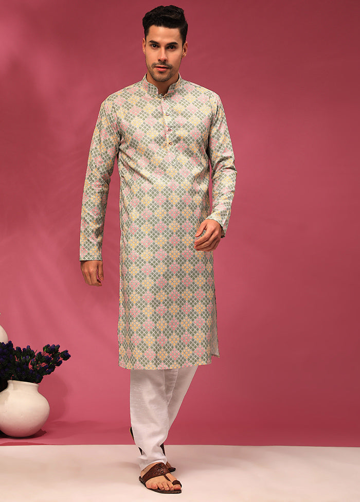 Multicolor Mandarin Collar Dupion Silk Kurta - Indian Silk House Agencies