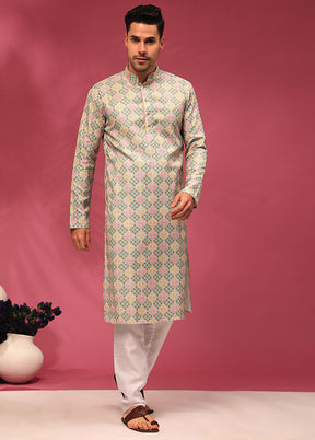 Multicolor Mandarin Collar Dupion Silk Kurta - Indian Silk House Agencies