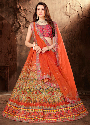 3 Pc Orange Silk Semi Stitched Lehenga Set - Indian Silk House Agencies