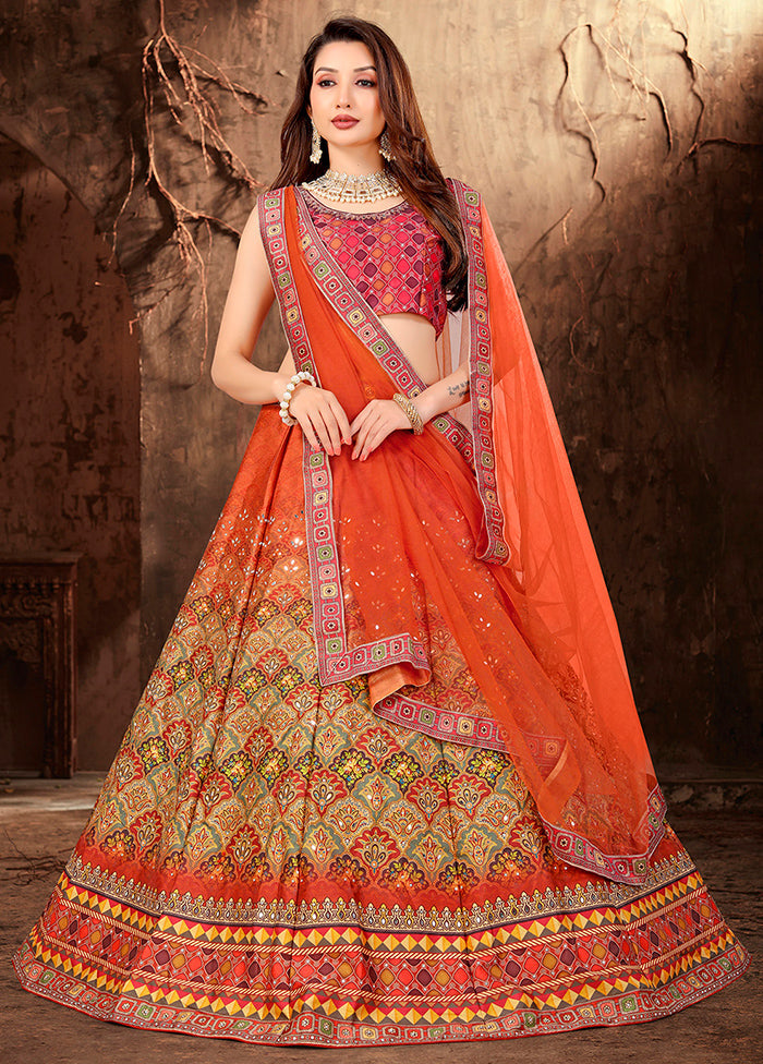 3 Pc Orange Silk Semi Stitched Lehenga Set - Indian Silk House Agencies