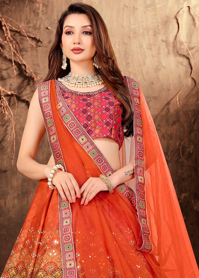3 Pc Orange Silk Semi Stitched Lehenga Set - Indian Silk House Agencies