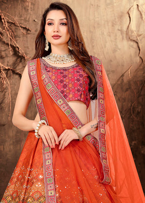 3 Pc Orange Silk Semi Stitched Lehenga Set - Indian Silk House Agencies