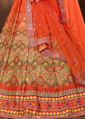 3 Pc Orange Silk Semi Stitched Lehenga Set - Indian Silk House Agencies