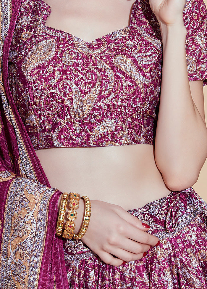 3 Pc Purple Silk Semi Stitched Lehenga Set - Indian Silk House Agencies