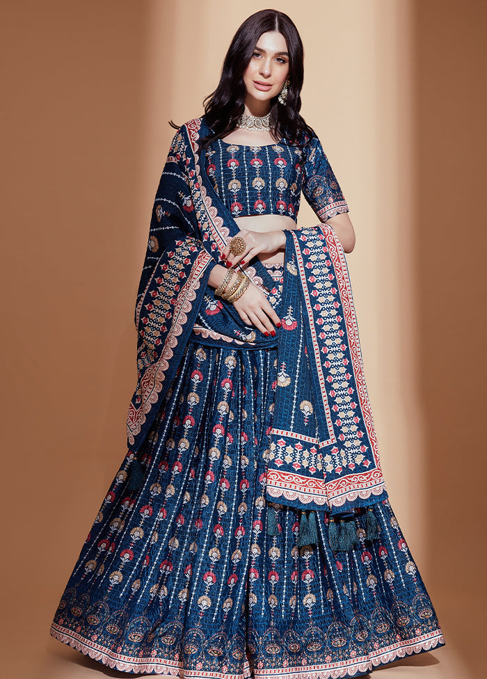 3 Pc Blue Silk Semi Stitched Lehenga Set - Indian Silk House Agencies