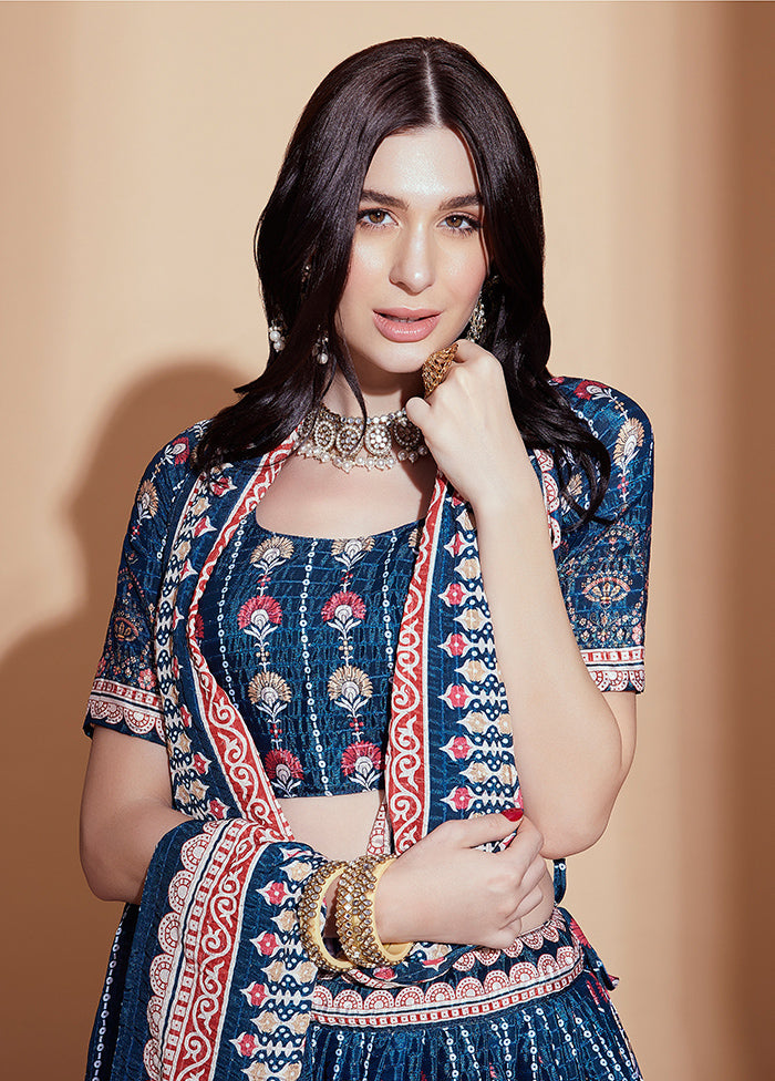 3 Pc Blue Silk Semi Stitched Lehenga Set - Indian Silk House Agencies