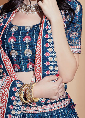 3 Pc Blue Silk Semi Stitched Lehenga Set - Indian Silk House Agencies
