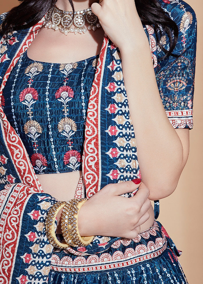 3 Pc Blue Silk Semi Stitched Lehenga Set - Indian Silk House Agencies