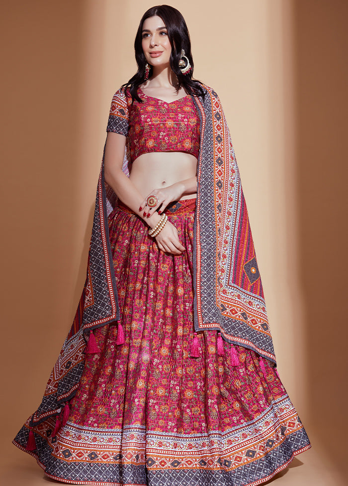 3 Pc Pink Silk Semi Stitched Lehenga Set - Indian Silk House Agencies