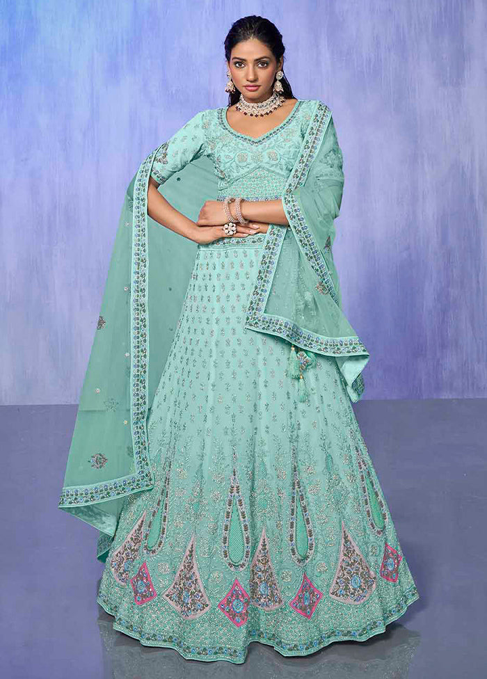 3 Pc Aqua Georgette Semi Stitched Lehenga Set - Indian Silk House Agencies