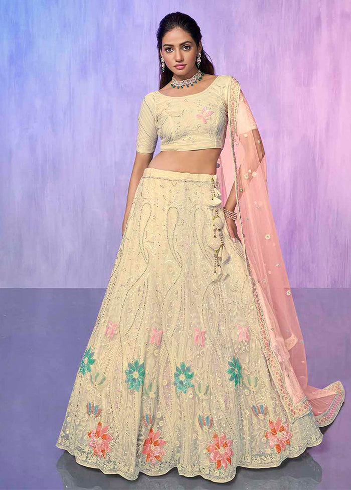 3 Pc Off White Net Semi Stitched Lehenga Set - Indian Silk House Agencies