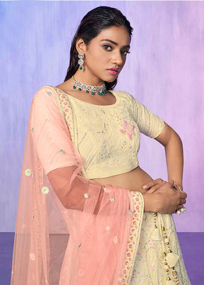 3 Pc Off White Net Semi Stitched Lehenga Set - Indian Silk House Agencies