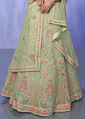 3 Pc Pista Green Net Semi Stitched Lehenga Set - Indian Silk House Agencies