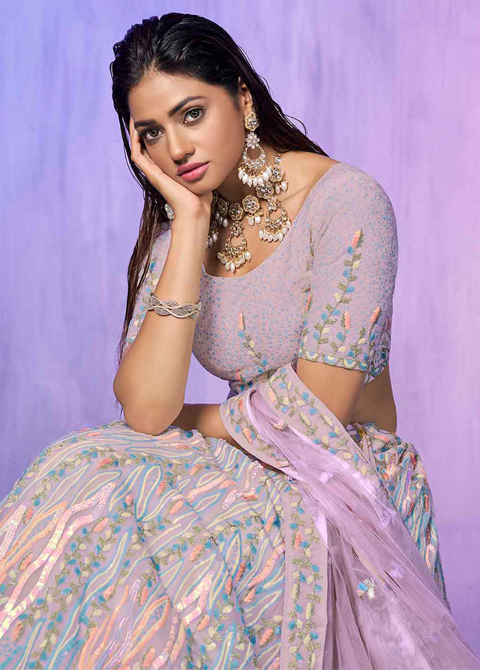 3 Pc Lavender Net Semi Stitched Lehenga Set - Indian Silk House Agencies