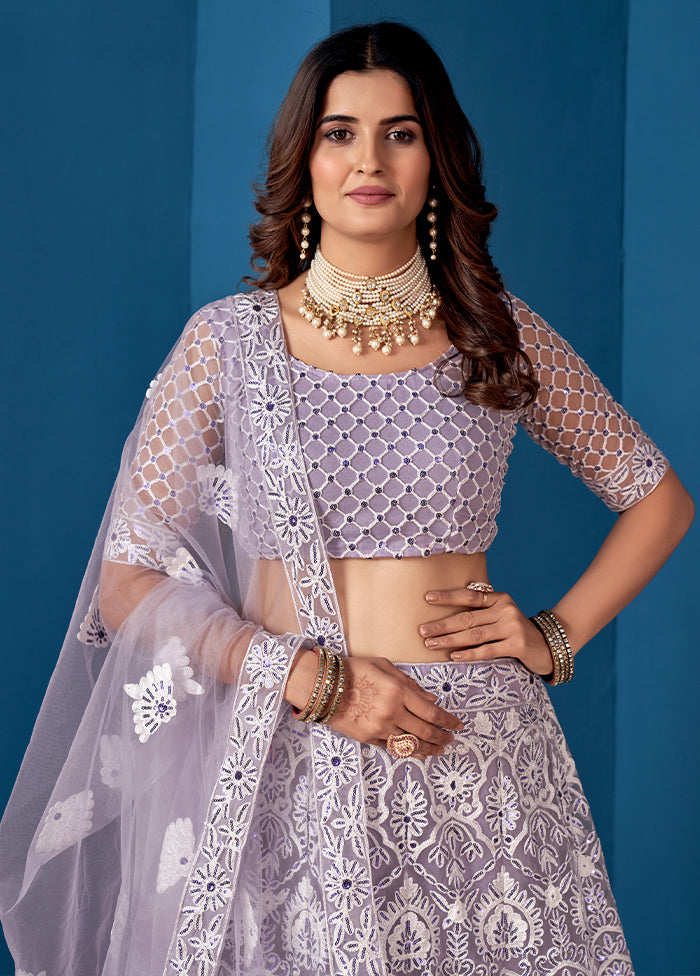 3 Pc Grey Net Semi Stitched Lehenga Set - Indian Silk House Agencies