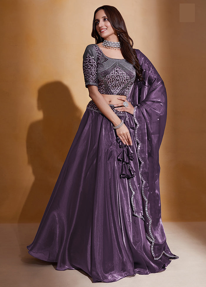 3 Pc Purple Net Semi Stitched Lehenga Set - Indian Silk House Agencies