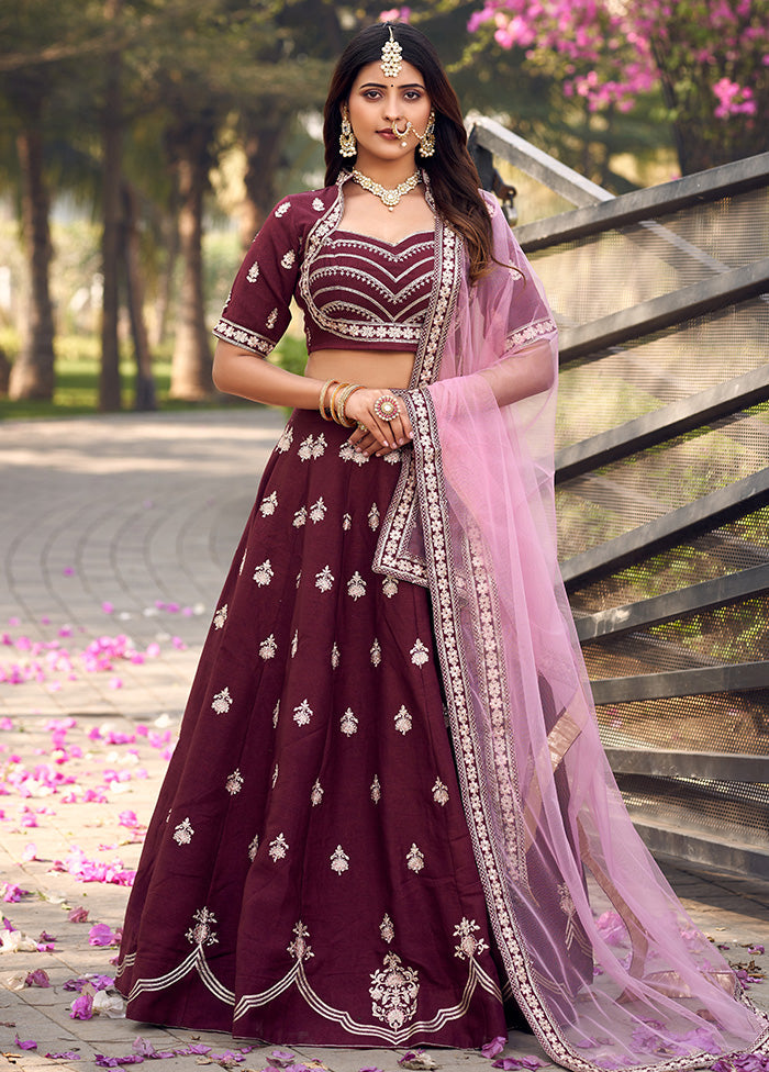 3 Pc Wine Silk Readymade Lehenga Set - Indian Silk House Agencies