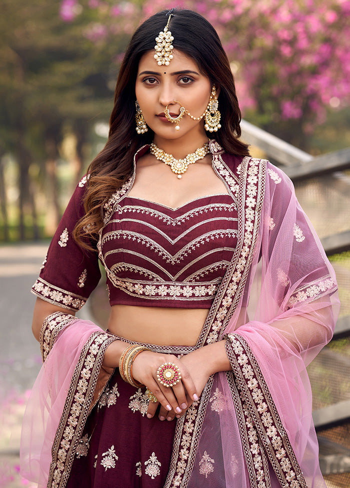 3 Pc Wine Silk Readymade Lehenga Set - Indian Silk House Agencies