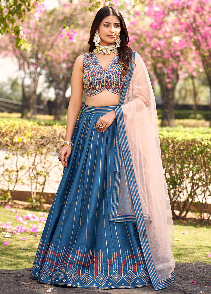 3 Pc Blue Silk Readymade Lehenga Set - Indian Silk House Agencies