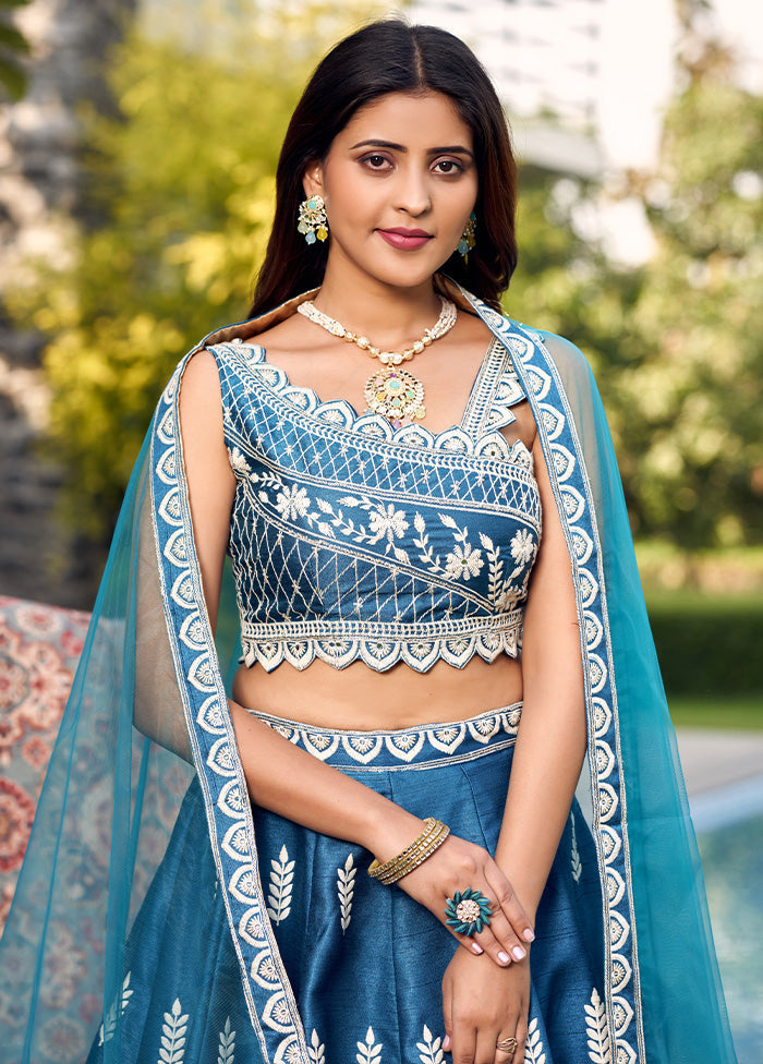 3 Pc Blue Silk Readymade Lehenga Set - Indian Silk House Agencies