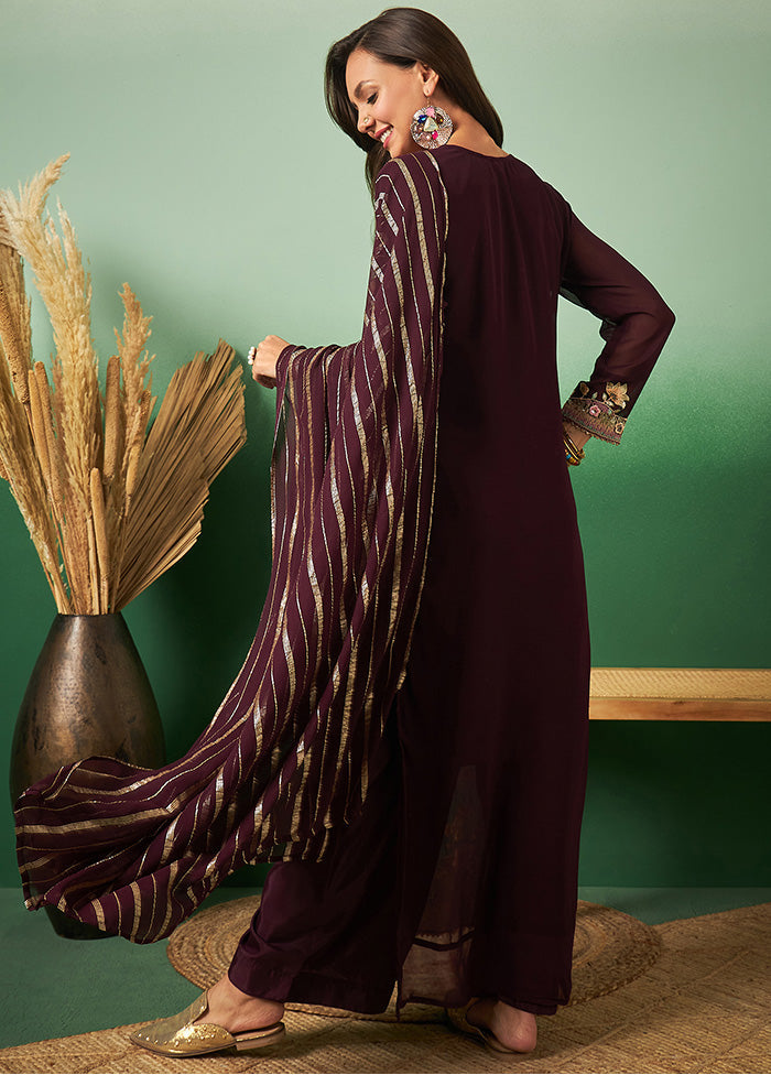 3 Pc Wine Semi Stitched Georgette Suit Set - Indian Silk House Agencies