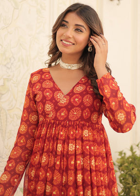 2 Pc Red Readymade Georgette Long Kurti Set - Indian Silk House Agencies