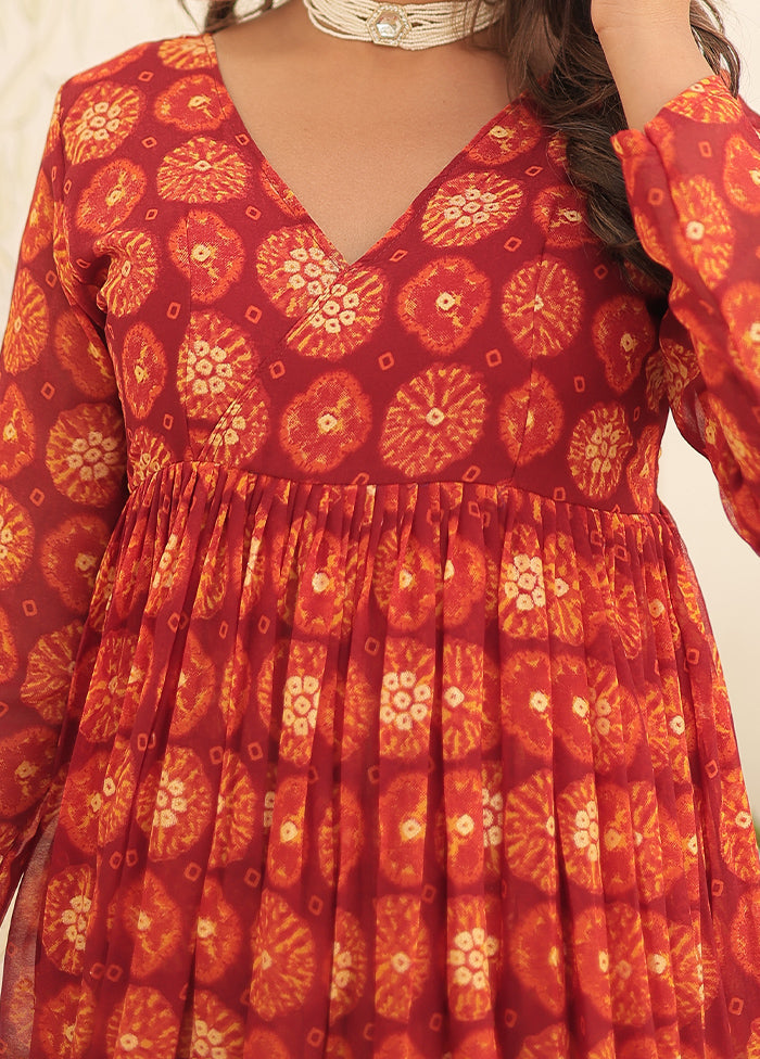 2 Pc Red Readymade Georgette Long Kurti Set - Indian Silk House Agencies