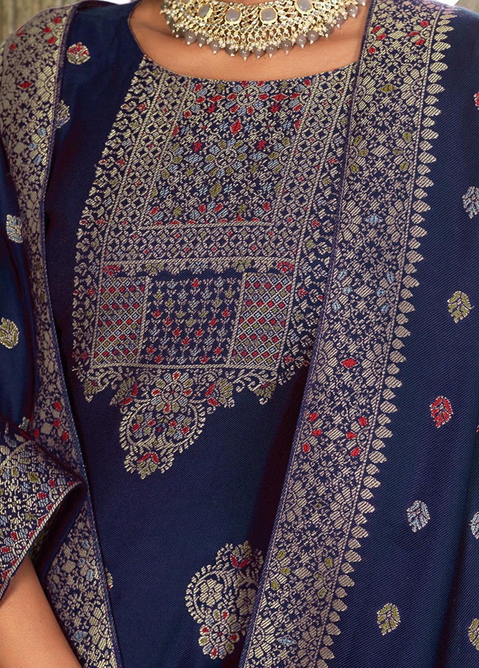 3 Pc Blue Semi Stitched Viscose Suit Set - Indian Silk House Agencies