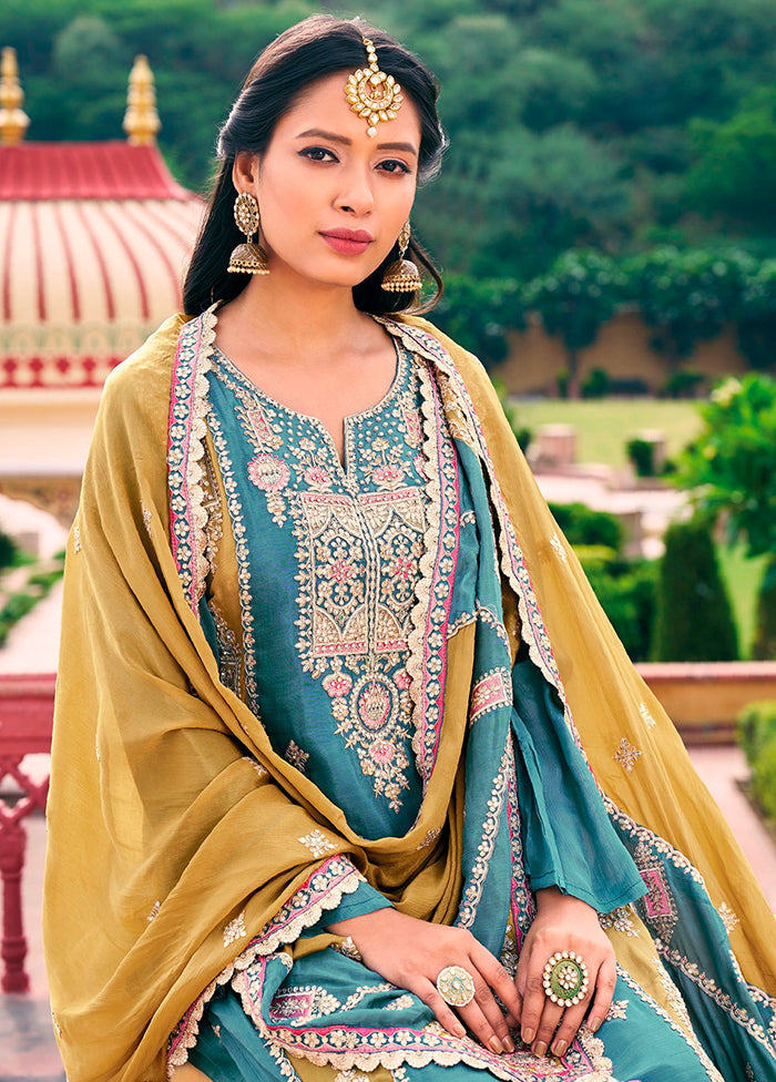 3 Pc Sky Blue Semi Stitched Silk Suit Set - Indian Silk House Agencies