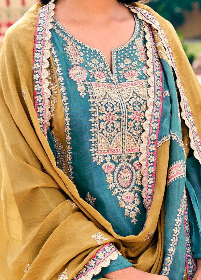 3 Pc Sky Blue Semi Stitched Silk Suit Set - Indian Silk House Agencies