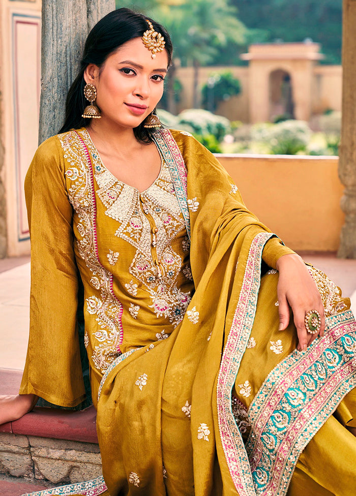 3 Pc Yellow Semi Stitched Silk Suit Set - Indian Silk House Agencies