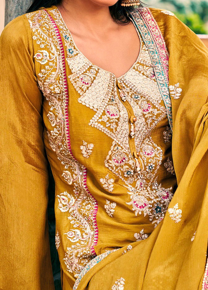 3 Pc Yellow Semi Stitched Silk Suit Set - Indian Silk House Agencies