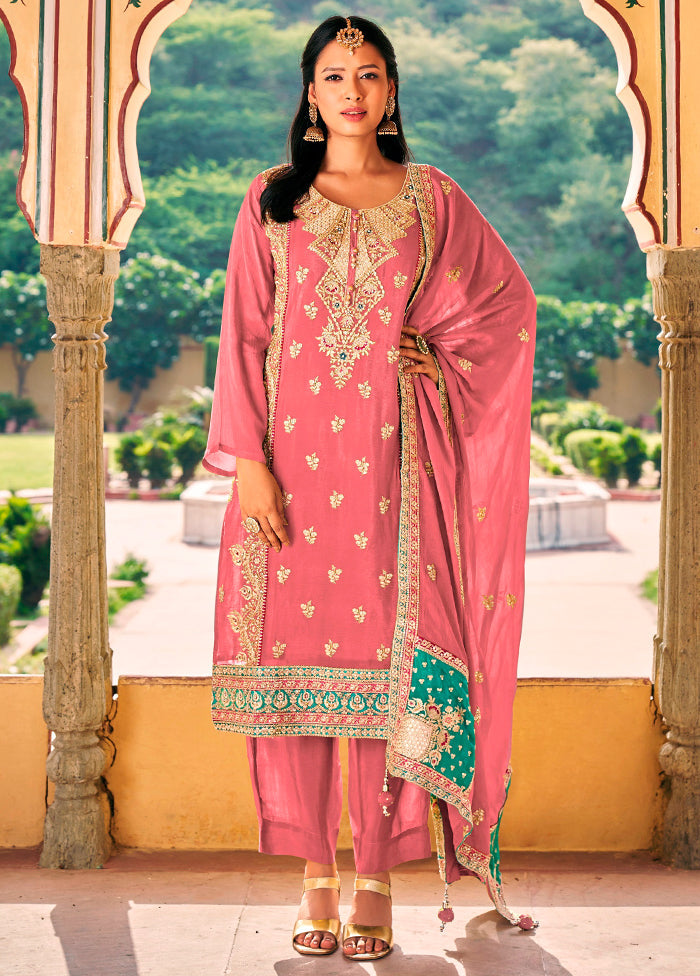 3 Pc Pink Semi Stitched Silk Suit Set - Indian Silk House Agencies