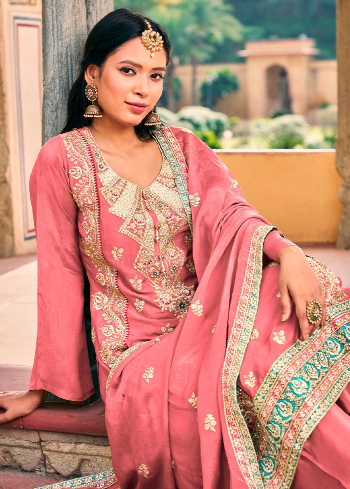 3 Pc Pink Semi Stitched Silk Suit Set - Indian Silk House Agencies