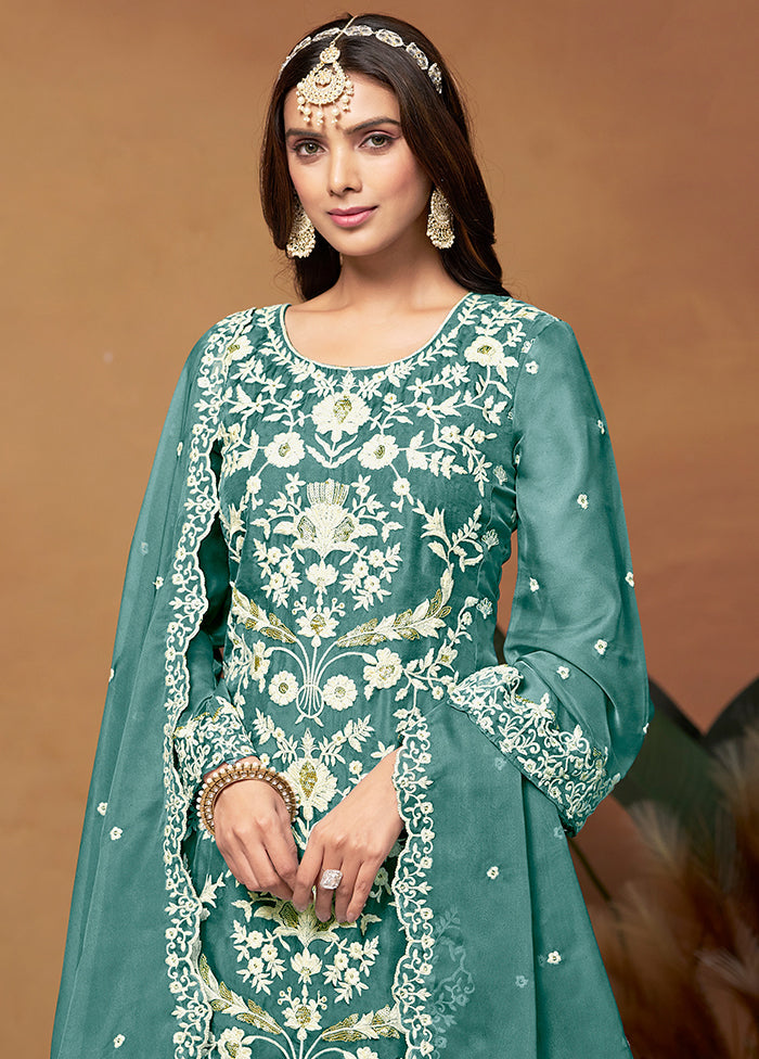 3 Pc Blue Semi Stitched Net Suit Set - Indian Silk House Agencies