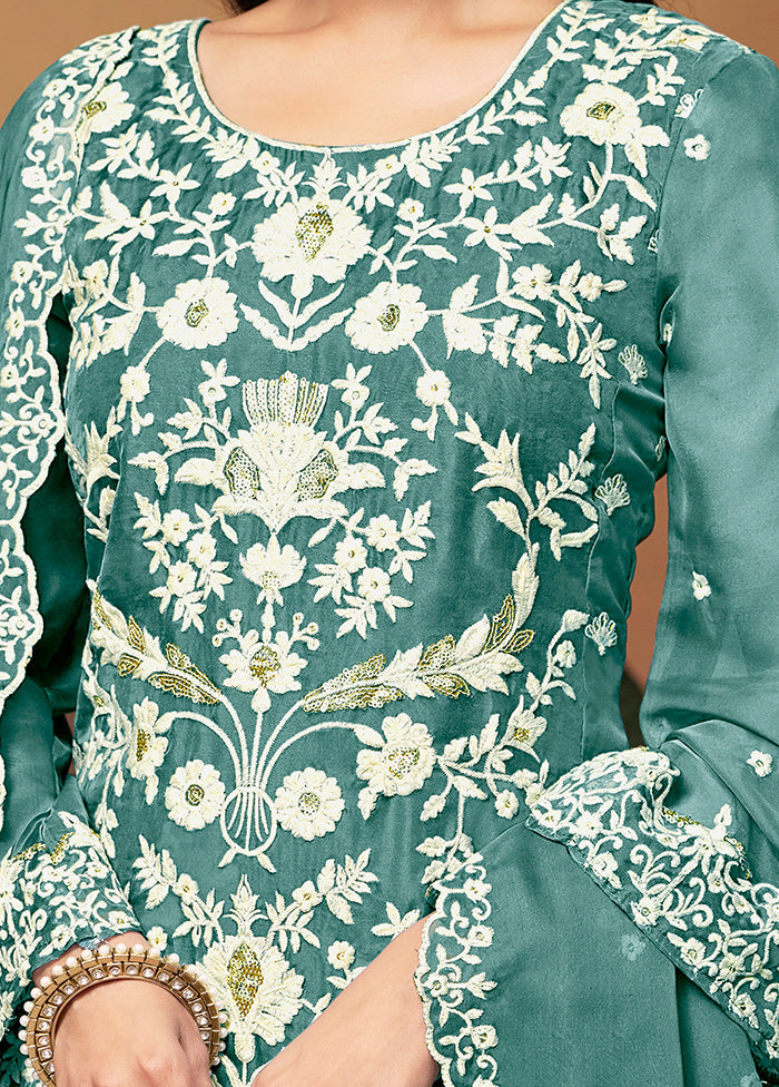 3 Pc Blue Semi Stitched Net Suit Set - Indian Silk House Agencies