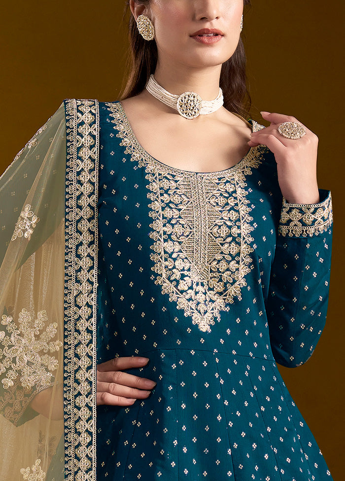 3 Pc Teal Semi Stitched Chanderi Suit Set