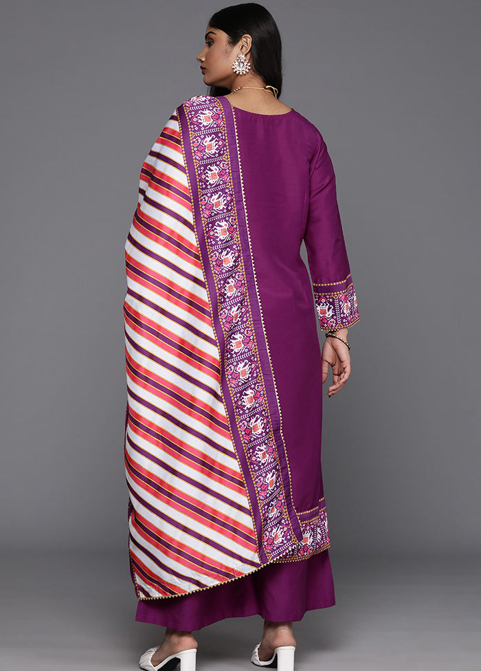 3 Pc Purple Readymade Silk Dupatta Suit Set