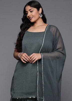 3 Pc Grey Readymade Silk Dupatta Suit Set