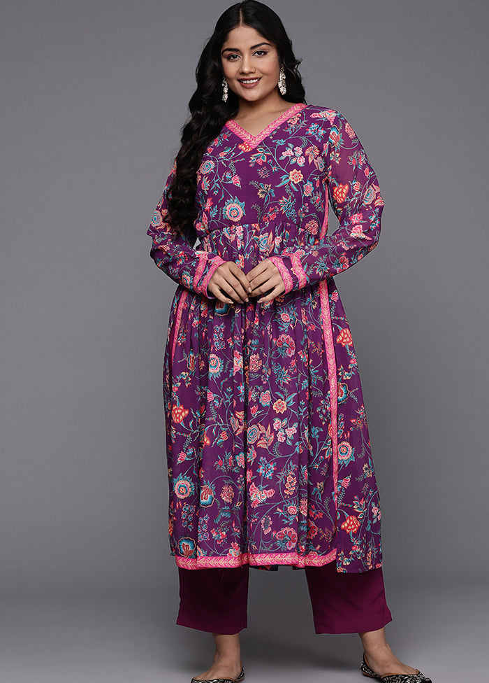 2 Pc Purple Readymade Georgette Kurti Set