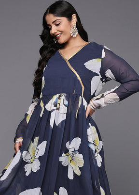 2 Pc Navy Blue Readymade Georgette Kurti Set