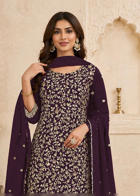 3 Pc Purple Georgette Suit Set