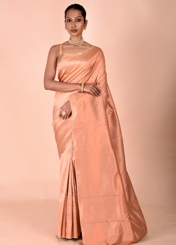 Peach Handloom Kanjivaram Pure Silk Saree With Blouse Piece
