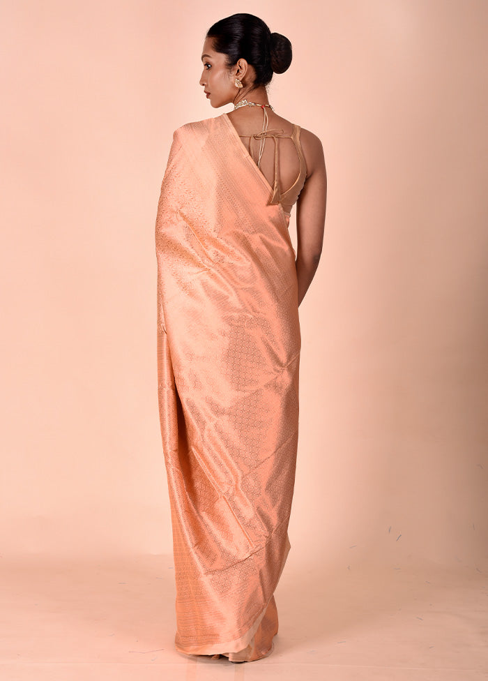 Peach Handloom Kanjivaram Pure Silk Saree With Blouse Piece