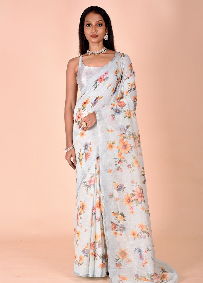 Blue Linen Silk Saree With Blouse Piece