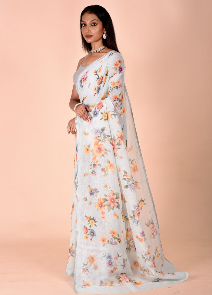 Blue Linen Silk Saree With Blouse Piece