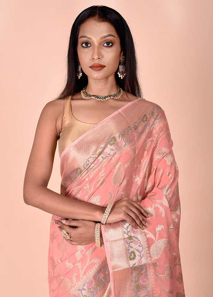Peach Kota Cotton Saree With Blouse Piece